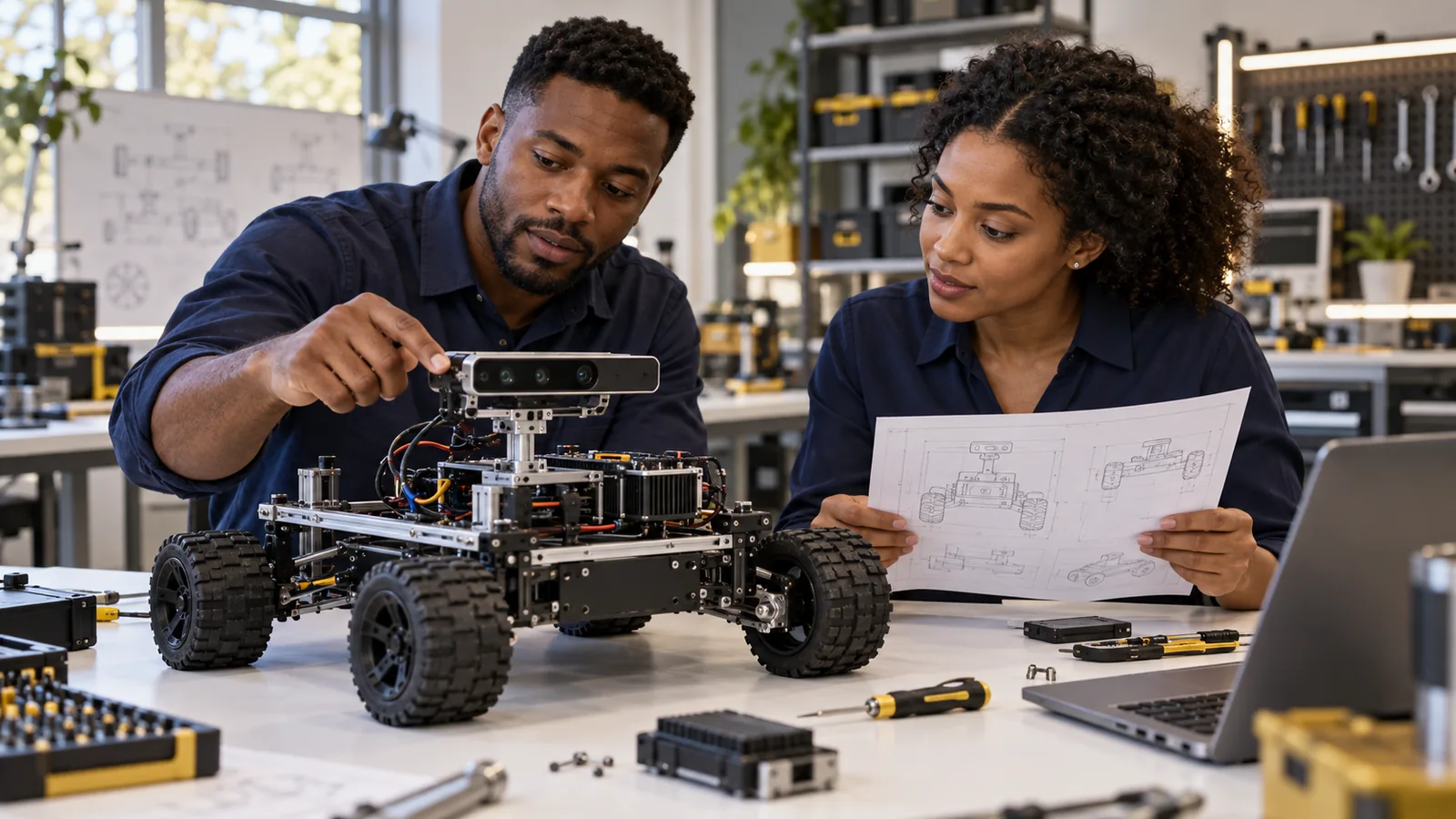 Two engineers examining a sensor assembly and a technical sketch.
