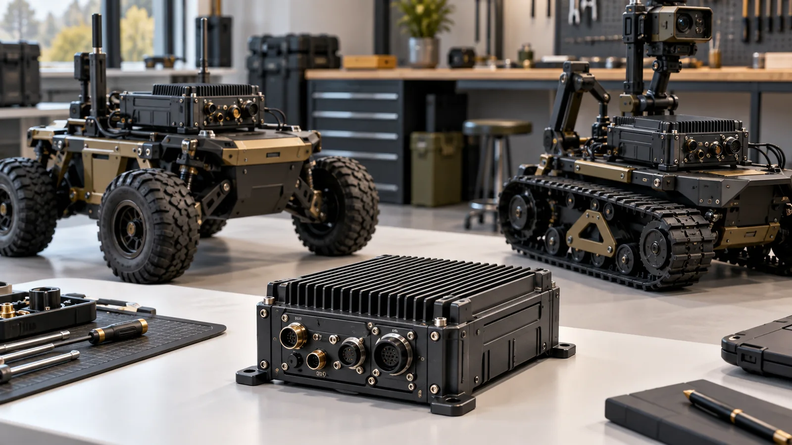 Concept edge-compute enclosure beside wheeled and tracked robotic carriers.