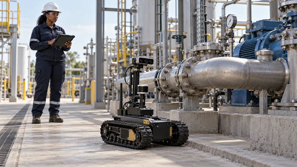 Tracked inspection rover near industrial piping with an engineer supervising.