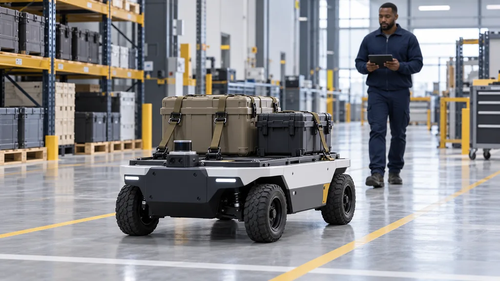 Robotic carrier transporting secured equipment cases under human supervision.