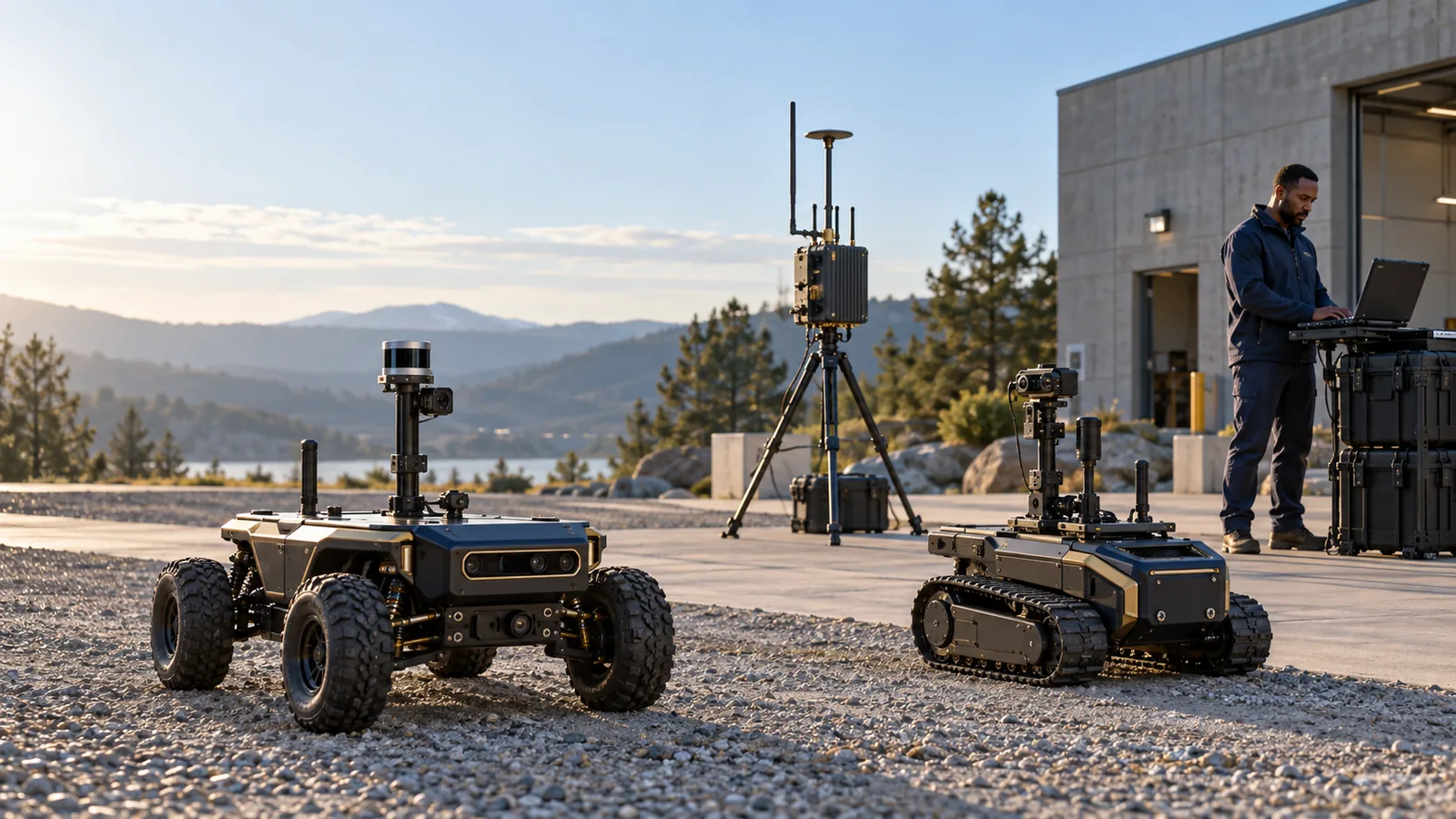 Wheeled and tracked robotic hosts beside a relay, supervised by an operator.